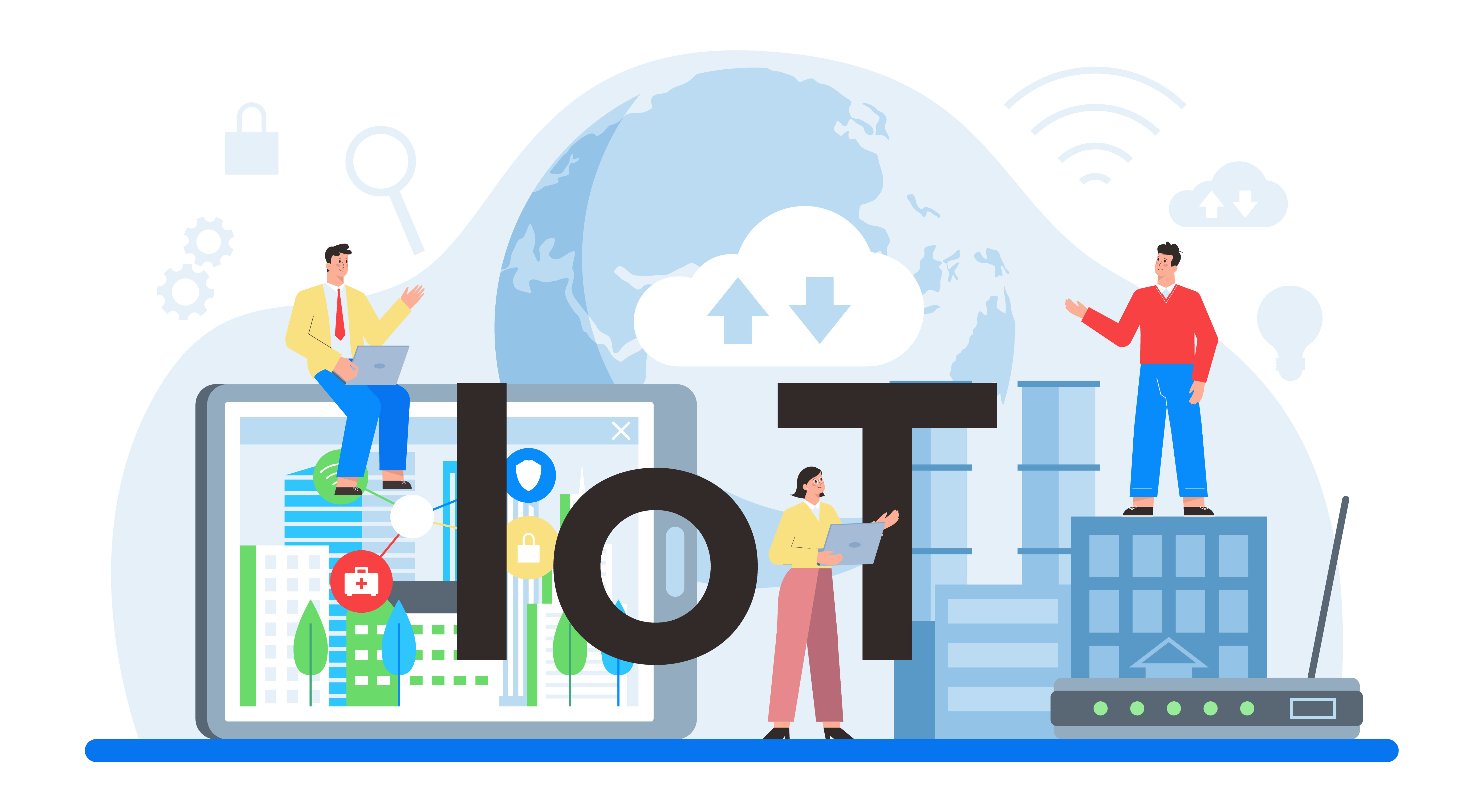 Internet of things typographic header. Idea of smart wireless electronics. Modern global technology. Connection between devices and house appliances. Isolated flat vector illustration