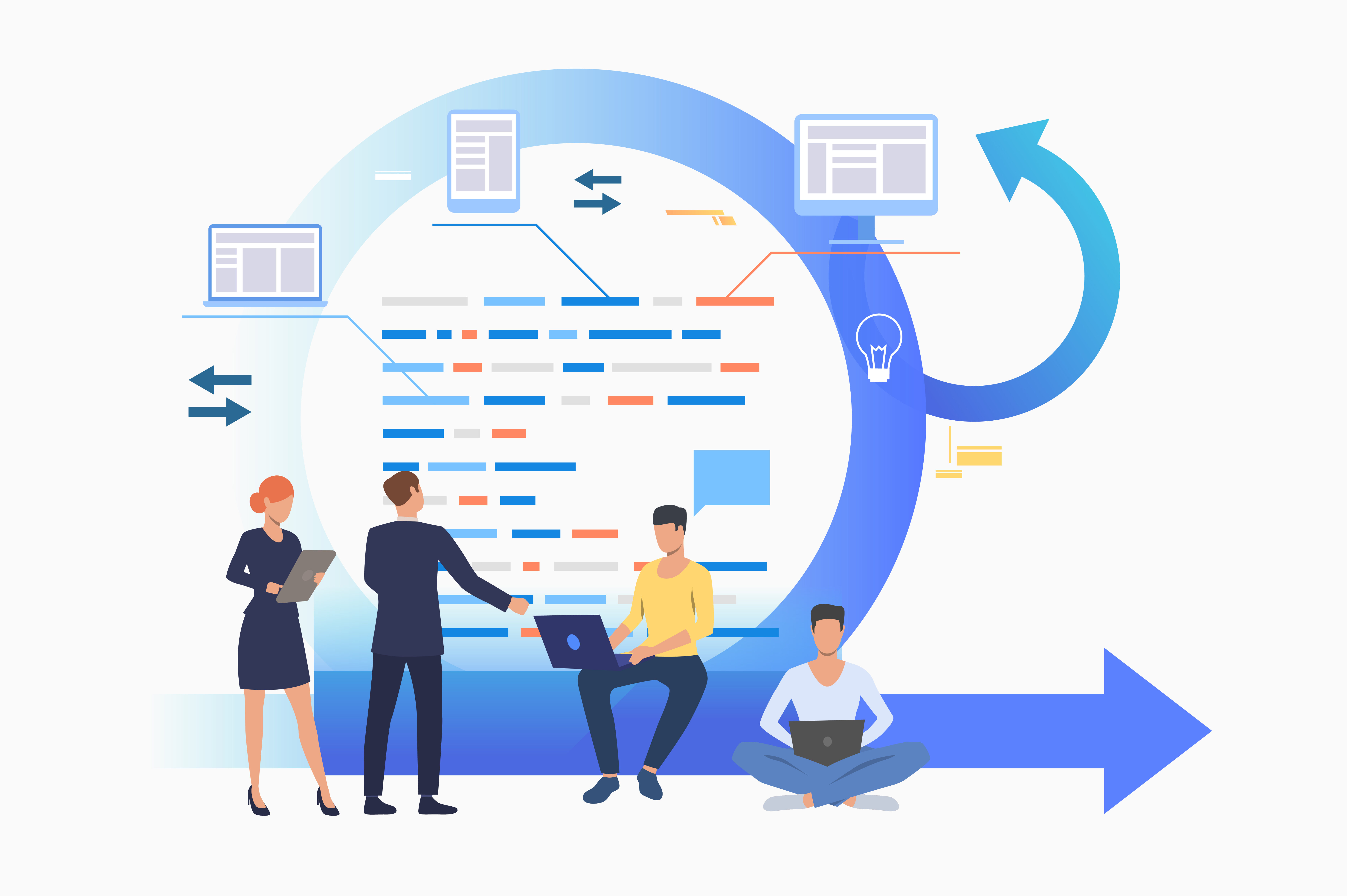 Teem discussing project at Kanban board. Scrum meeting, conversation, working on laptop. Business concept. Vector illustration can be used for presentation slides, landing pages, posters