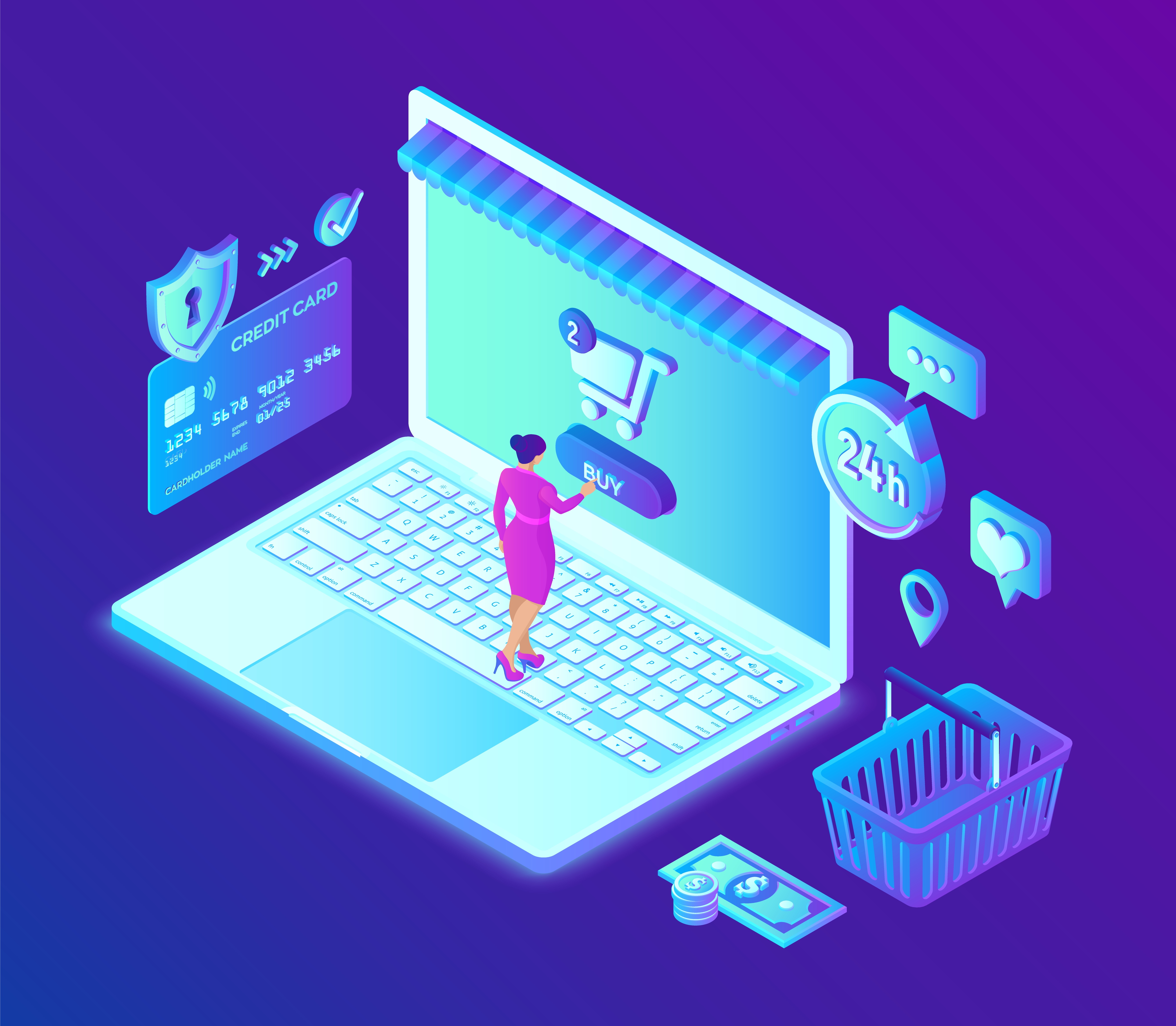 Online shopping. 3D isometric online store. Shopping Online on Website or Mobile Application. Concept of e-commerce sales, digital marketing. Bank card, money and shopping bag. Vector illustration