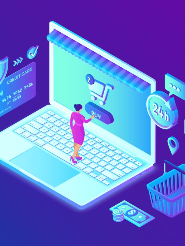 Online shopping. 3D isometric online store. Shopping Online on Website or Mobile Application. Concept of e-commerce sales, digital marketing. Bank card, money and shopping bag. Vector illustration