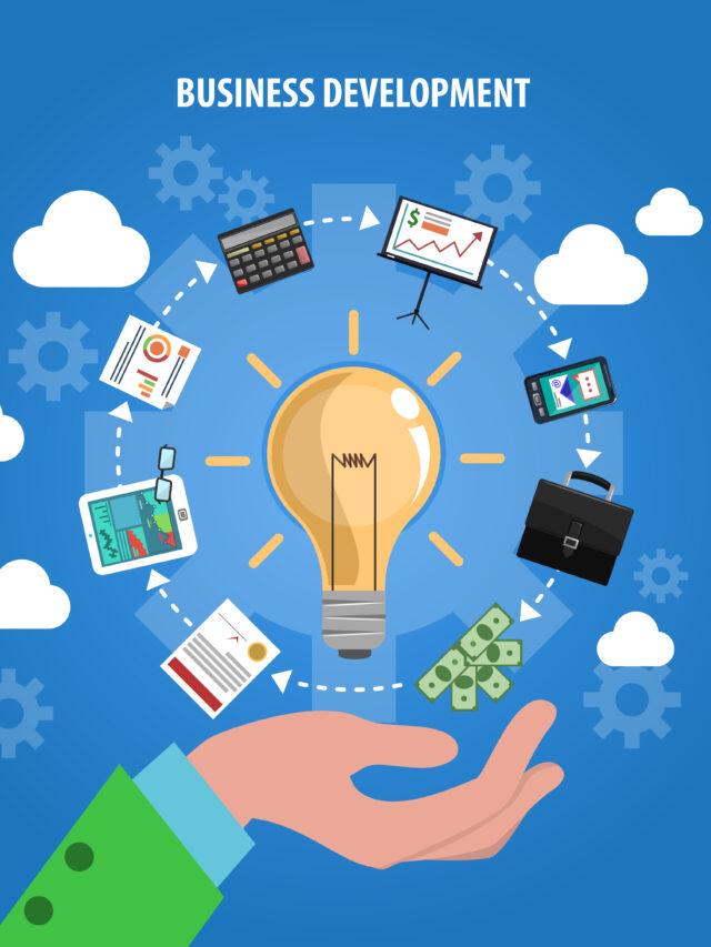 Business development concept with human hand and idea symbols flat vector illustration